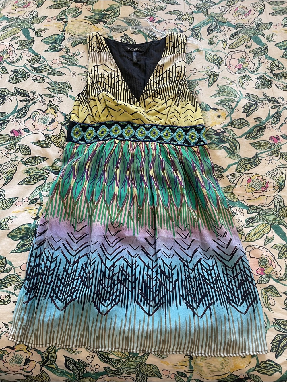 Buffalo David Bitton Yellow Green Blue Multicolor V-Neck Sleeveless Dress